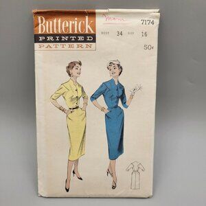 Butterick 1955 Column Slim Dress Curved Accents Hip Pockets #7174 Size 16 Uncut